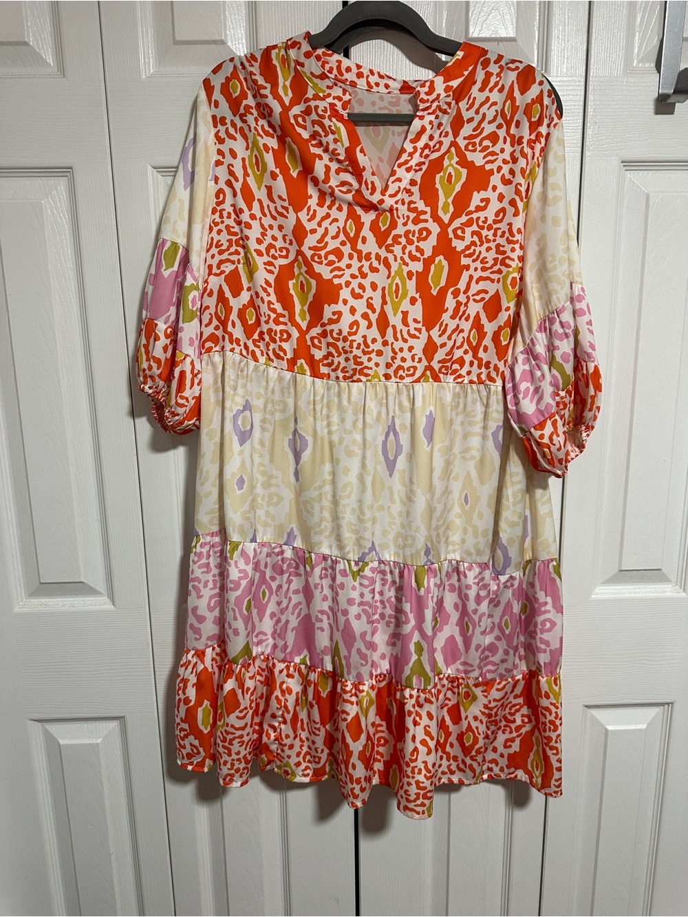 Colorblock Ikat Tiered Tunic Dress - Orange, Pink, Cream